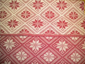 Red and White Dräll (as opposed to "damask"), front and back